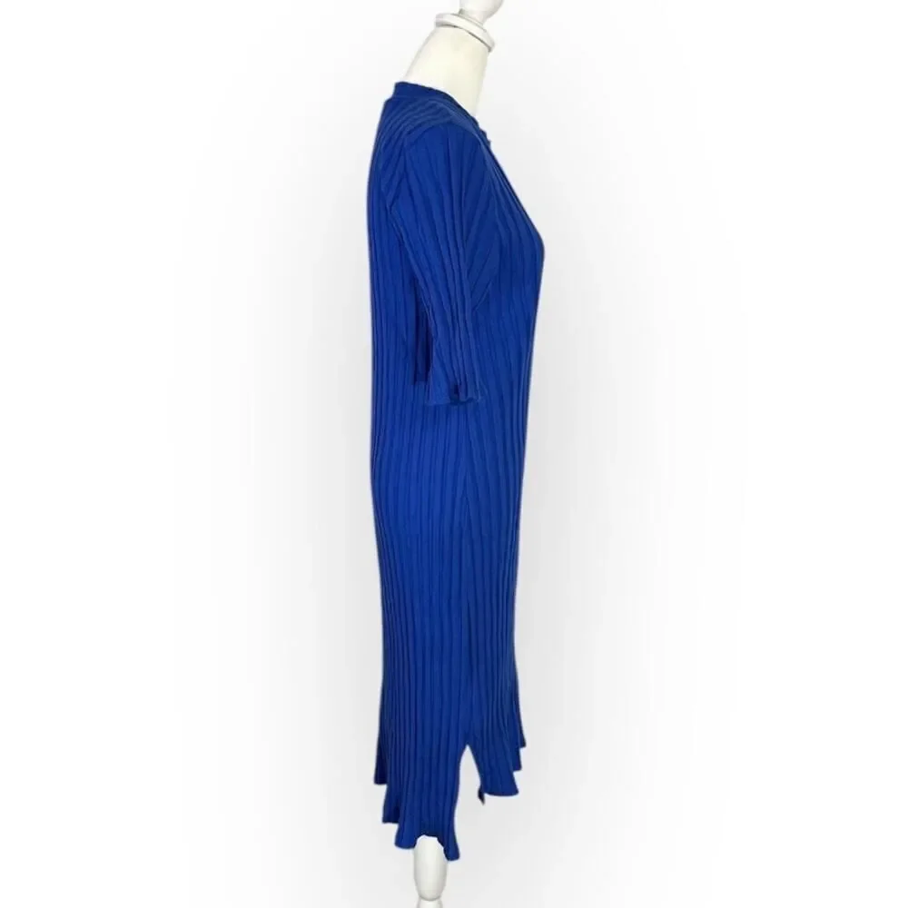 Eileen Fisher High-Low Dress Women's Large Blue Wide Rib Stretch Mock Neck